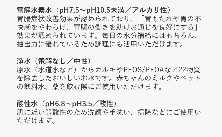 電解水素水（ph7.5～ph10.5未満／アルカリ性）
胃腸症状改善効果が認められており、「胃もたれや胃の不快感をやわらげ、胃腸の働きを助けお通じを良好にする」効果が認められています。毎日の水分補給にはもちろん、抽出力に優れているため調理にも活用いただけます。

浄水（電解なし／中性）
原水（水道水など）からカルキなど22物質を除去したおいしいお水です。赤ちゃんのミルクやペットの飲料水、薬を飲む際にご使用いただけます。

酸性水（ph6.8～ph3.5／酸性）
肌に近い弱酸性のため洗顔や手洗い、掃除などにご使用いただけます。