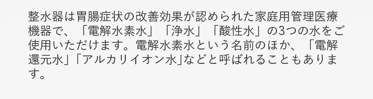 整水器は胃腸症状の改善効果が認められた家庭用管理医療機器で、「電解水素水」「浄水」「酸性水」の3つの水をご使用いただけます。電解水素水という名前のほか、「電解還元水」｢アルカリイオン水｣などと呼ばれることもあります。